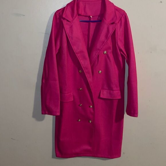 Hot Pink Double Breasted Coat Dress with Decorative Buttons - Picture 2 of 12